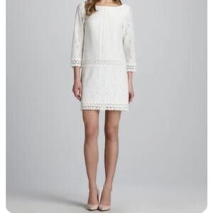 Laundry By Shelli Segal Jewel-Neck Lace 3/4 Sleeve Mini Dress White Size 4P $265